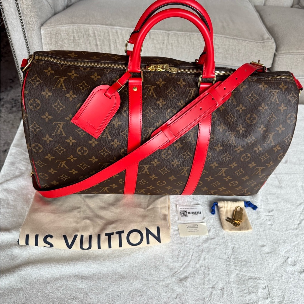 Louis Vuitton Carry On Bag Red Monogram Canvas Keepall Bandouliere 50 Red